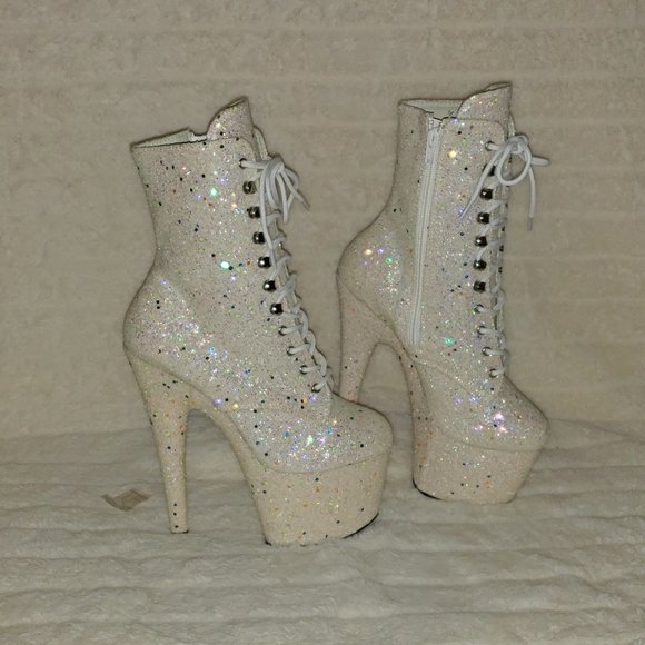 Pleaser Shoes - UV White Glow In The Dark Glitter 7" Platform Heel Ankle Boots Adore 1020uvlg